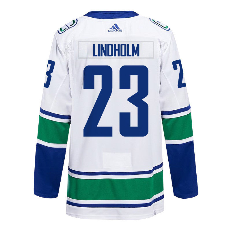 Elias Lindholm 23 Vancouver Canucks 2024 NHL Playoffs Patch Away Jersey - Men, White