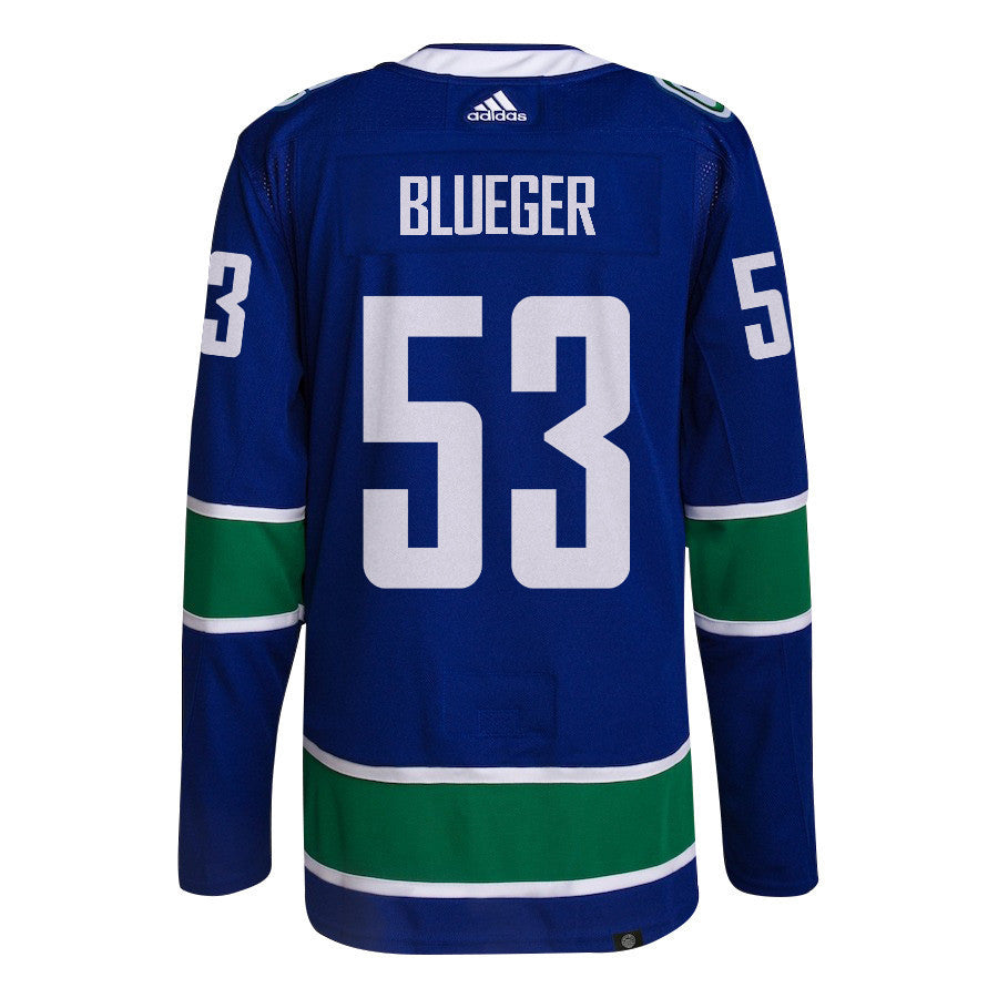 Teddy Blueger 53 Vancouver Canucks 2024 NHL Playoffs Patch Home Jersey - Men, Blue