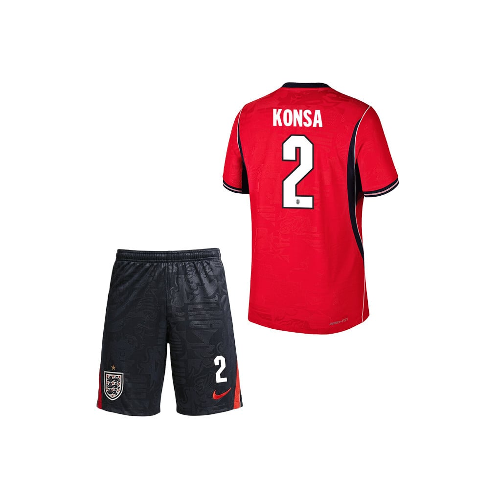 Ezri Konsa 2 England 2026 YOUTH Away Jersey & Shorts Set - Red/Black