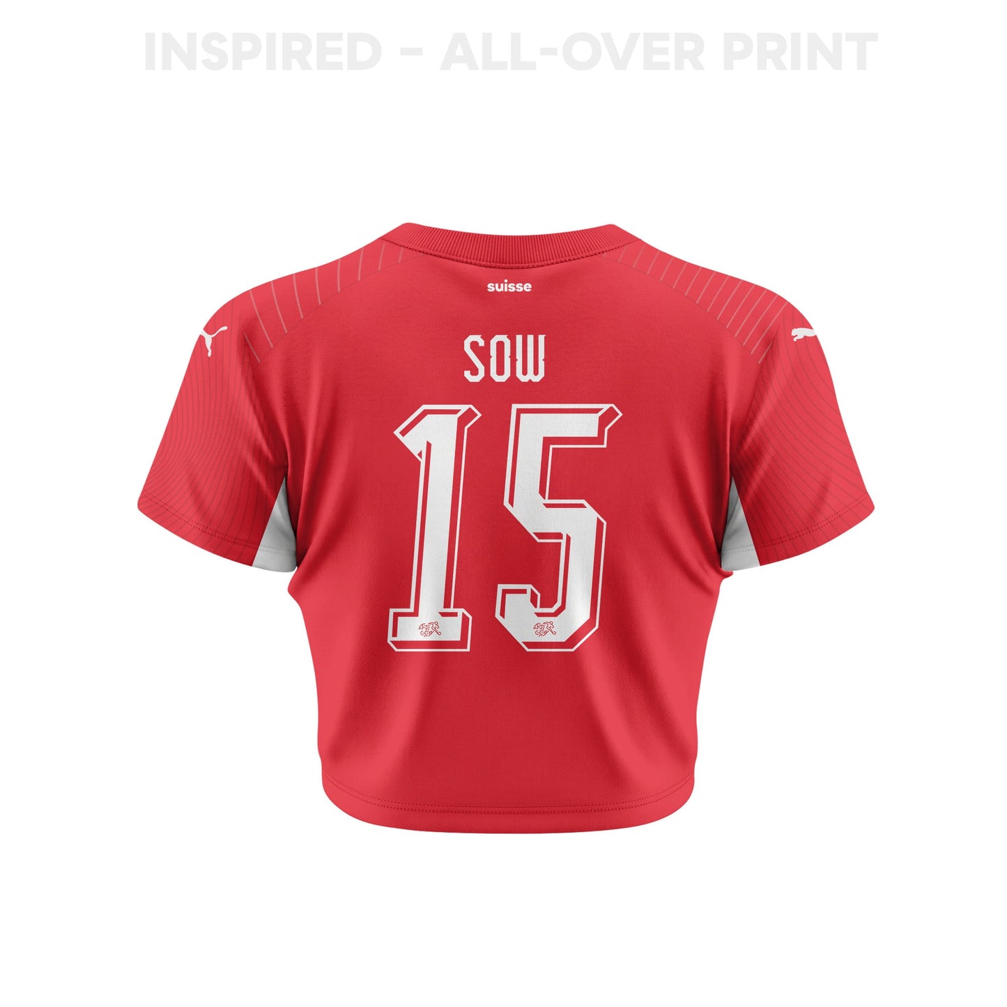 Djibril Sow 15 Switzerland 2026 Women's Home All-Over Print Cropped Jersey - Red