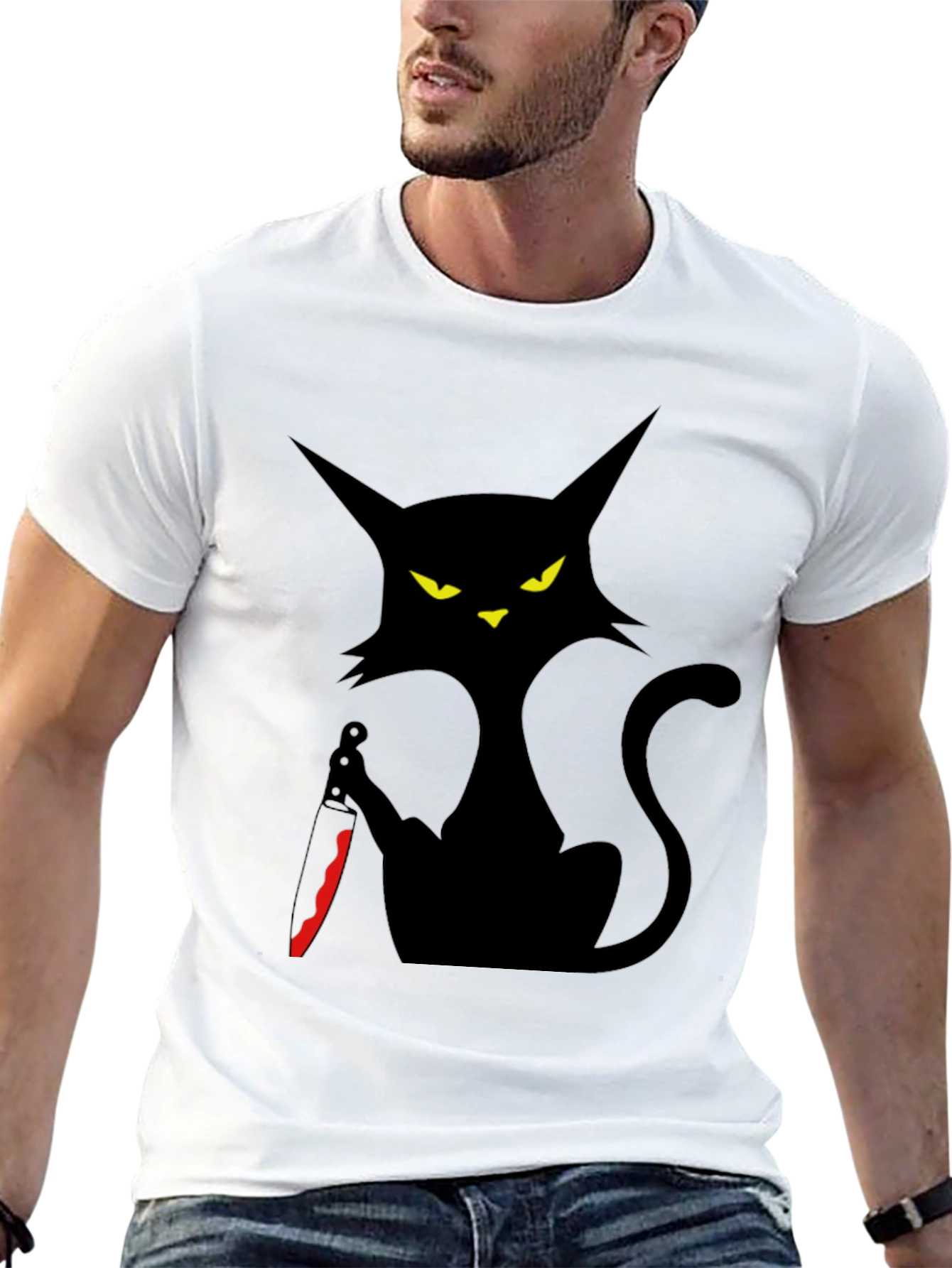 Creepy Cat with Knife Graphic Tee - Black