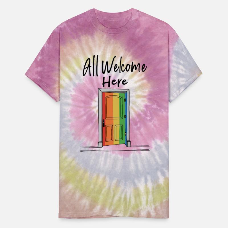 All Welcome Here rainbow door