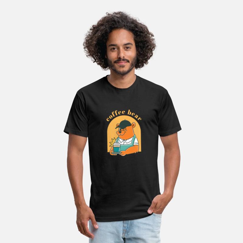 Black Yellow Illustrated Bear And Coffee T Shirt