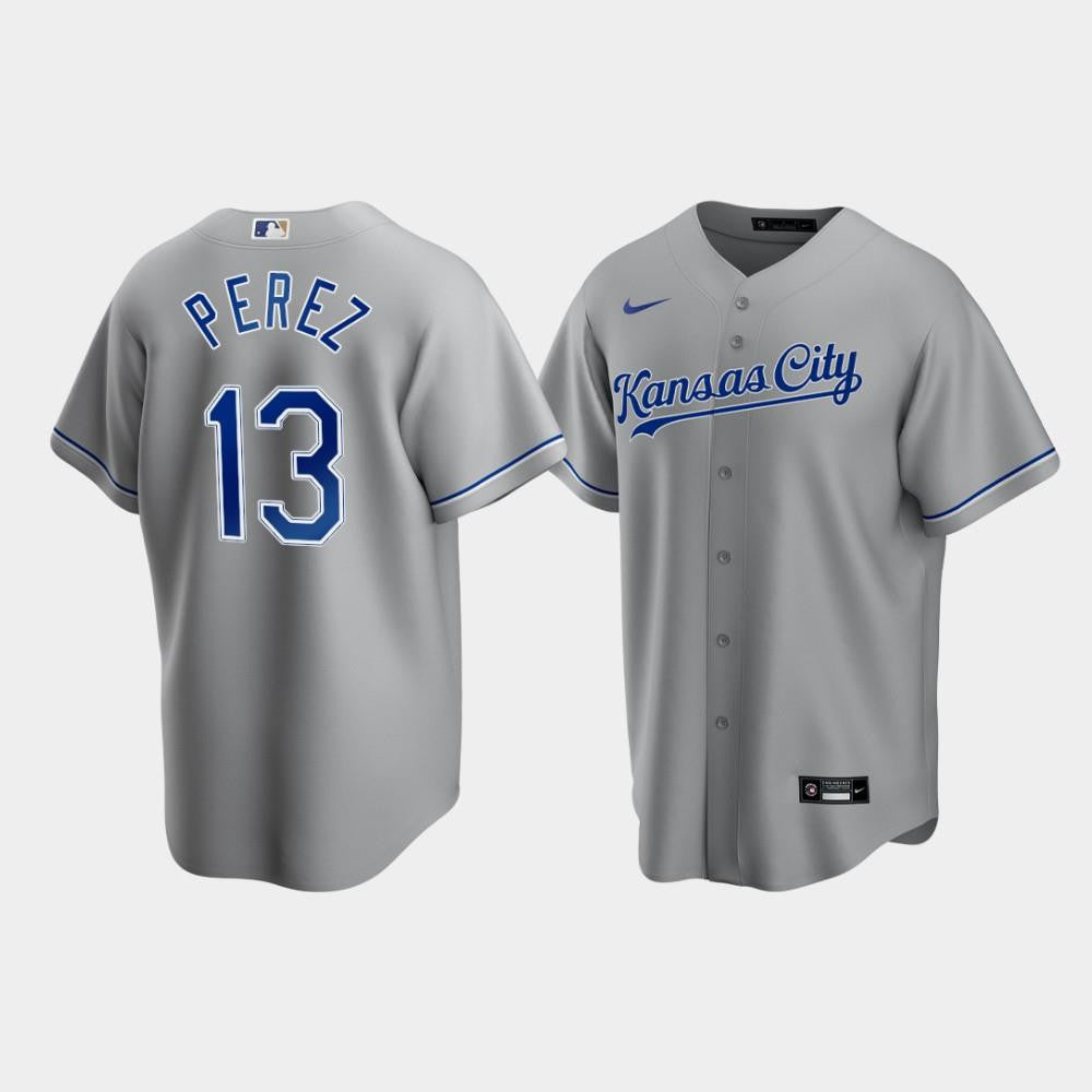 Men's Kansas City Royals Salvador Perez 13 Gray Road Cool Base Jersey Jersey