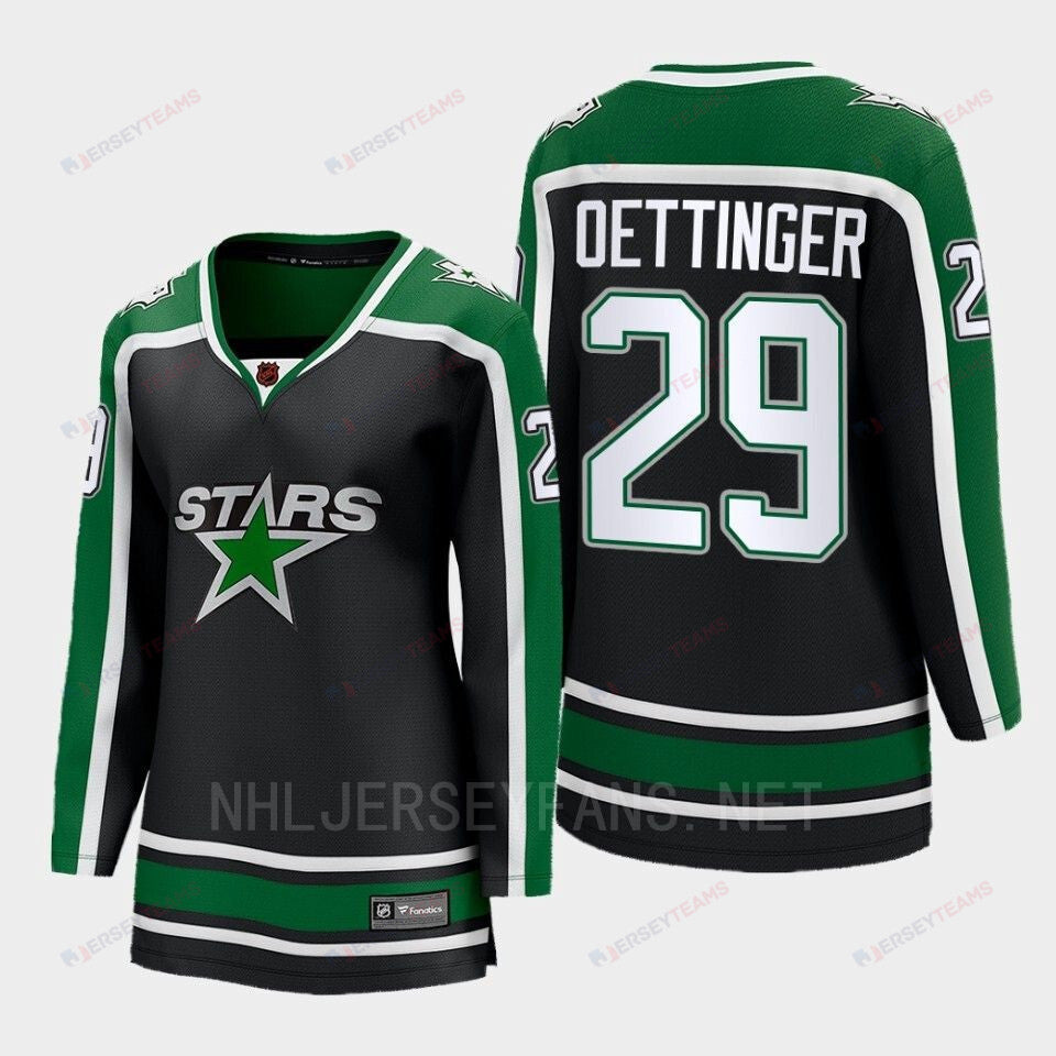 Dallas Stars 29 Jake Oettinger Reverse Retro Black Equipment, Women