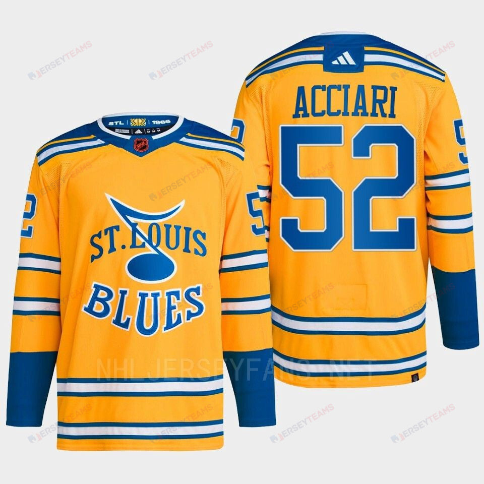 Noel Acciari 52 Reverse Retro 2.0 2022 St. Louis Blues Yellow Jersey Primegreen