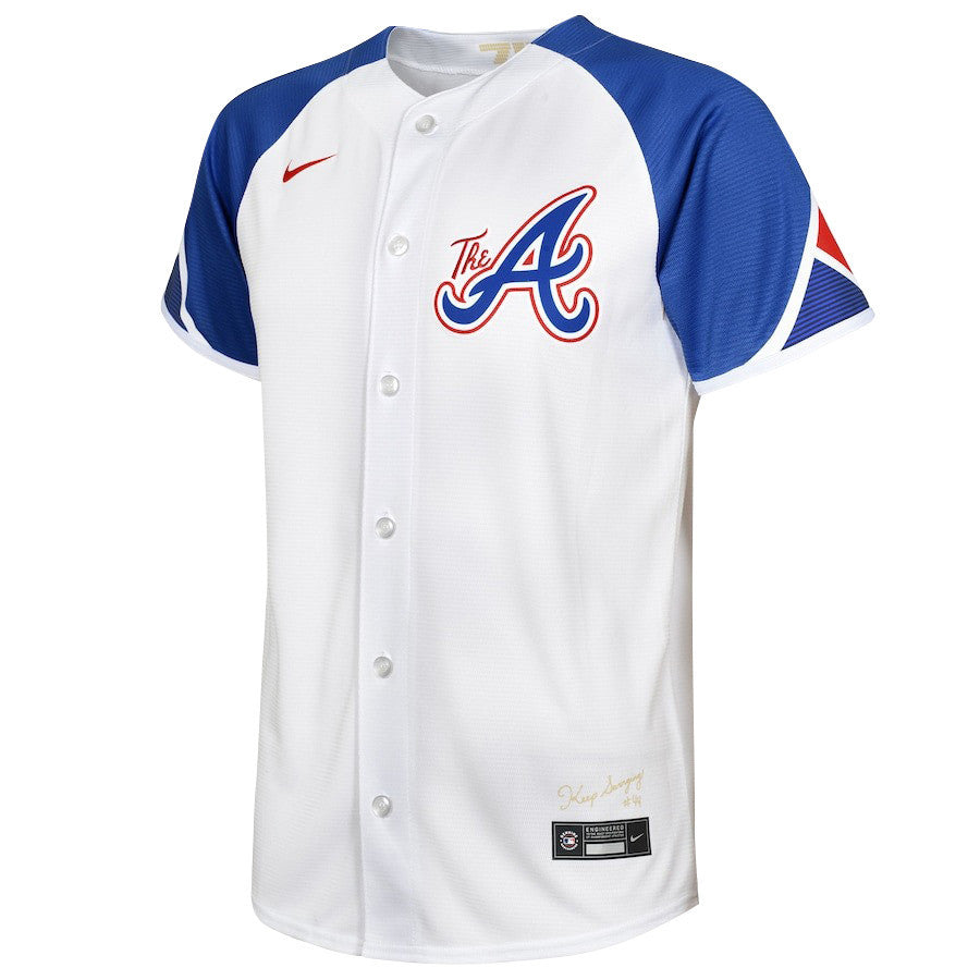 Ronald Acuña Jr. 13 Atlanta Braves Signed MVP 2023 City Connect Player YOUTH Jersey - White Blue