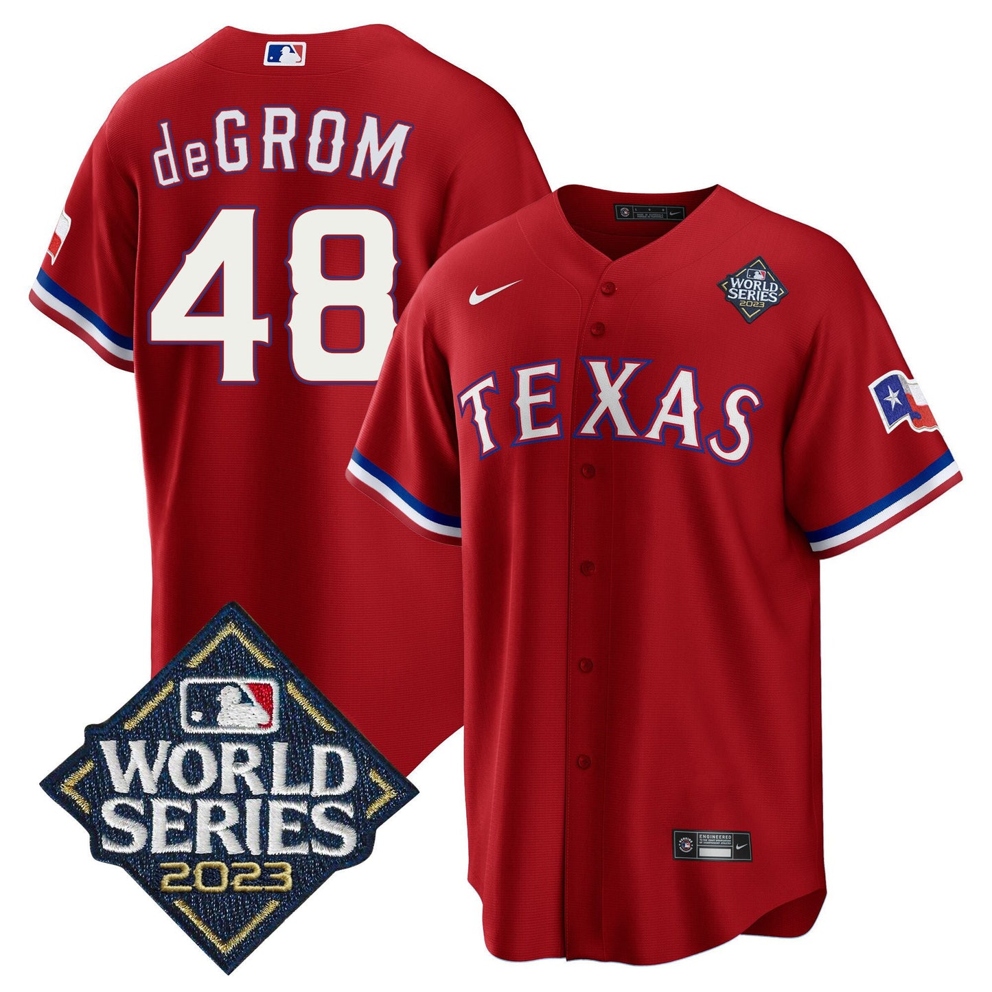 Jacob DeGrom 48 Texas Rangers 2023 World Series Stitched Baseball Jersey - Red