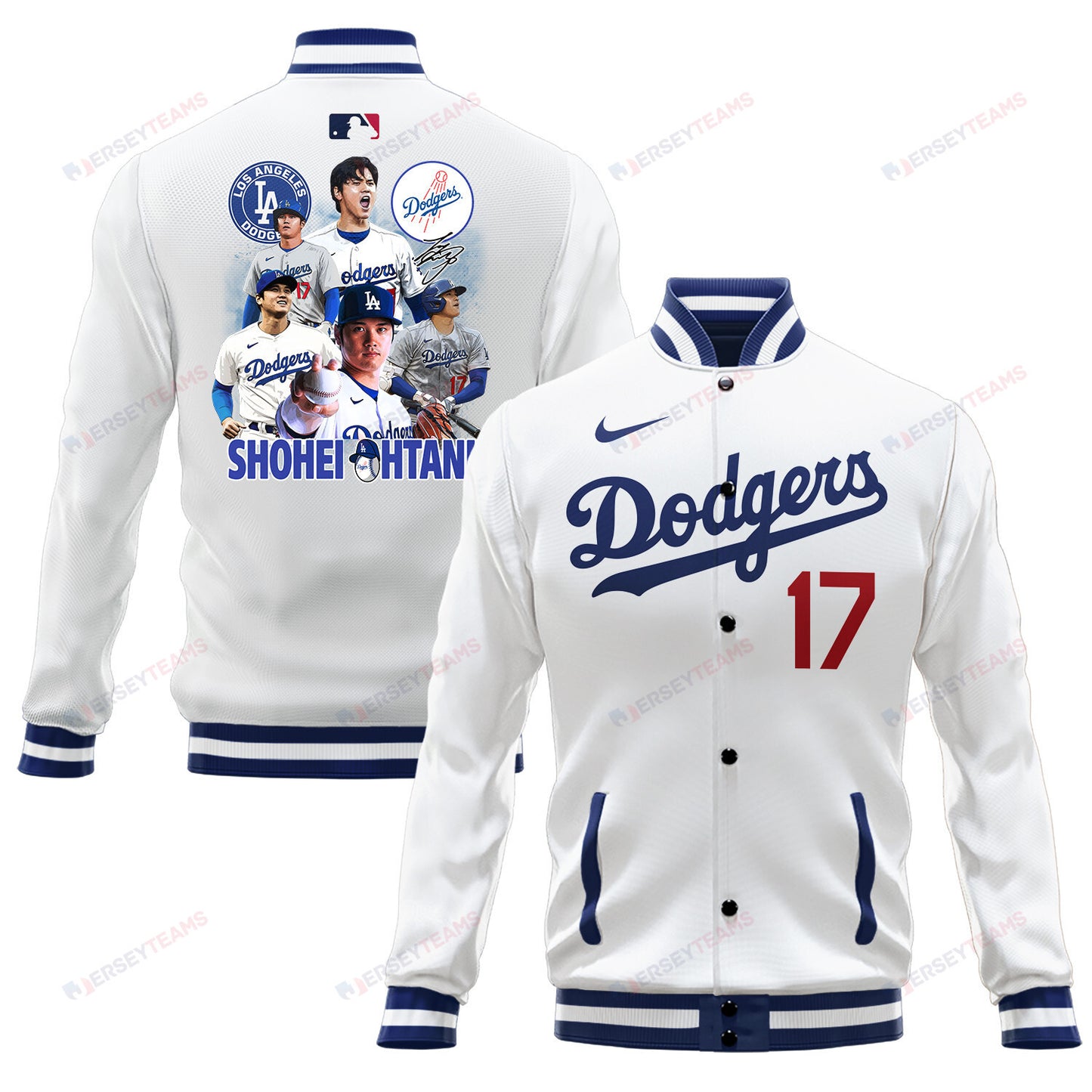 Shohei Ohtani 17 Los Angeles Dodgers Signed Logo Team Baseball Jacket - White - All-Over-Printed Jacket