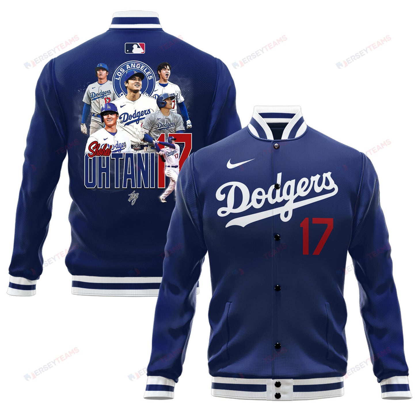 Shohei Ohtani 17 Los Angeles Dodgers Signed Name Road Baseball Jacket - Royal - All-Over-Printed Jacket
