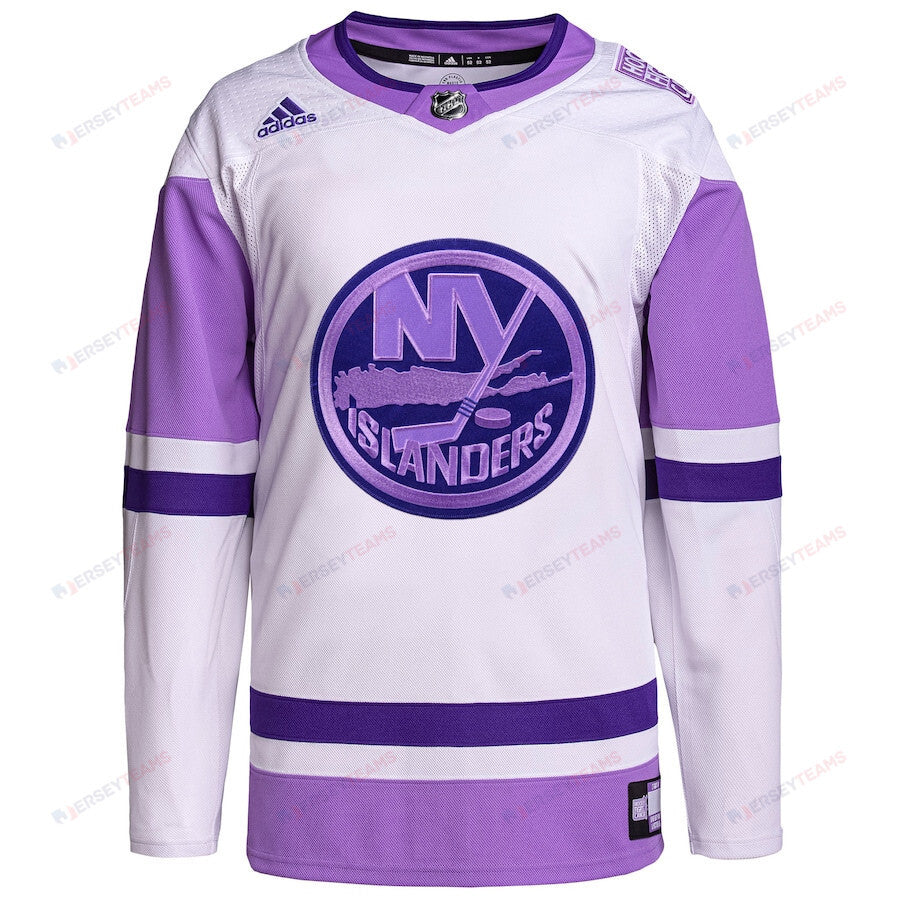 New York Islanders Hockey Fights Cancer Primegreen Custom Men Jersey - White/Purple