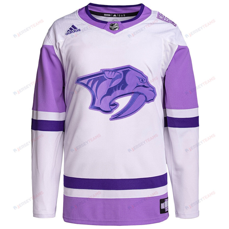 Nashville Predators Hockey Fights Cancer Primegreen Custom Men Jersey - White/Purple