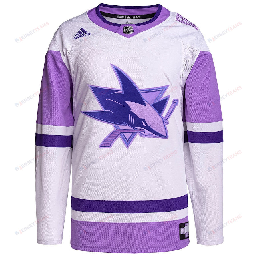 San Jose Sharks Hockey Fights Cancer Primegreen Custom Men Jersey - White/Purple