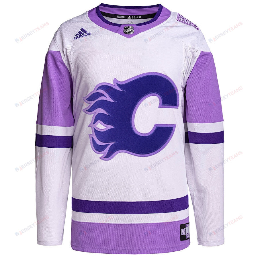 Calgary Flames Hockey Fights Cancer Primegreen Custom Men Jersey - White/Purple