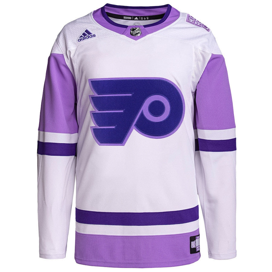 Philadelphia Flyers Hockey Fights Cancer Primegreen Men Jersey - White/Purple