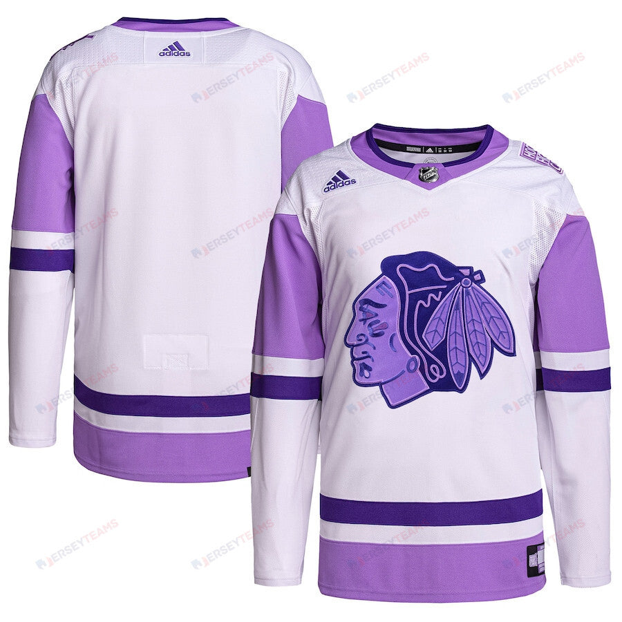 Chicago Blackhawks Hockey Fights Cancer Primegreen Men Jersey - White/Purple
