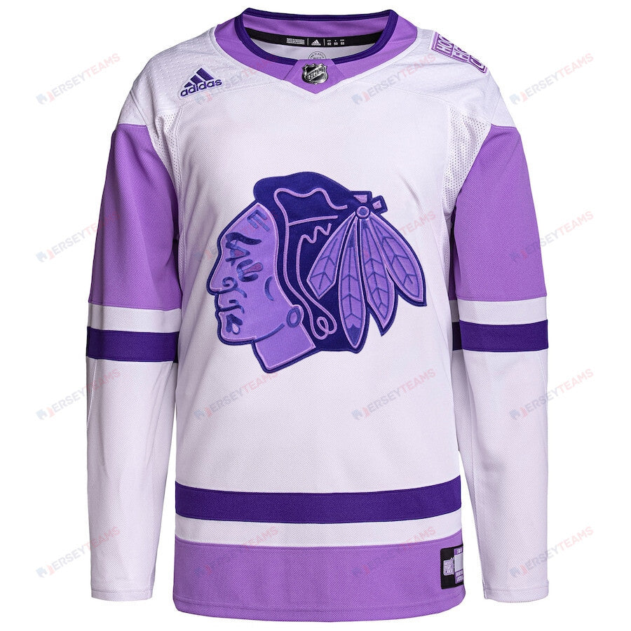 Chicago Blackhawks Hockey Fights Cancer Primegreen Men Jersey - White/Purple