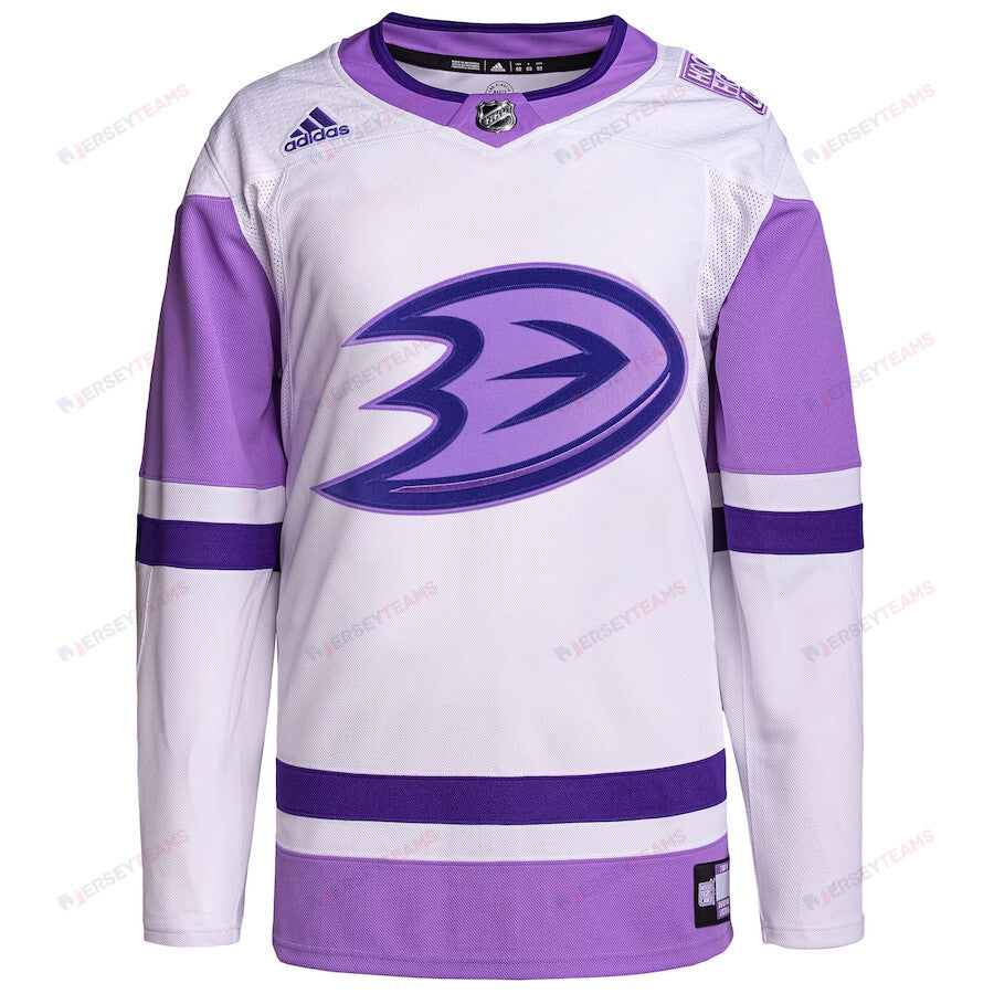 Anaheim Ducks Hockey Fights Cancer Primegreen Men Jersey - White/Purple