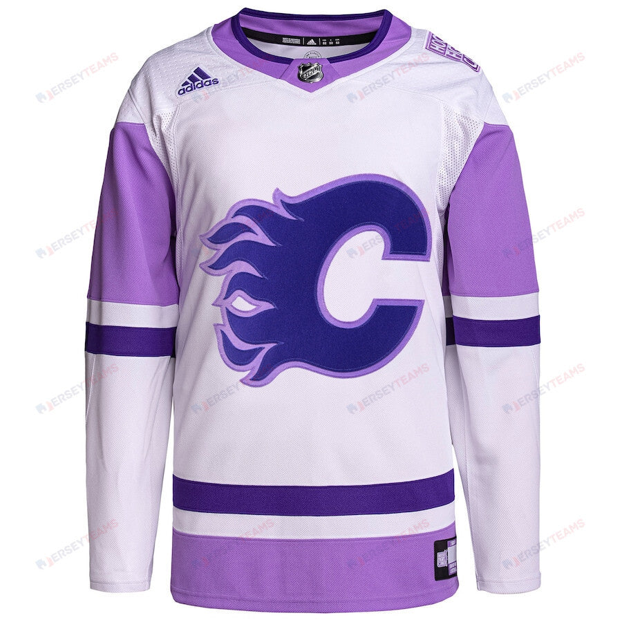 Calgary Flames Hockey Fights Cancer Primegreen Men Jersey - White/Purple