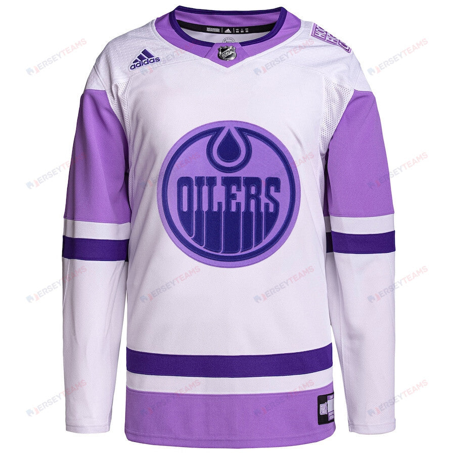 Edmonton Oilers Hockey Fights Cancer Primegreen Men Jersey - White/Purple