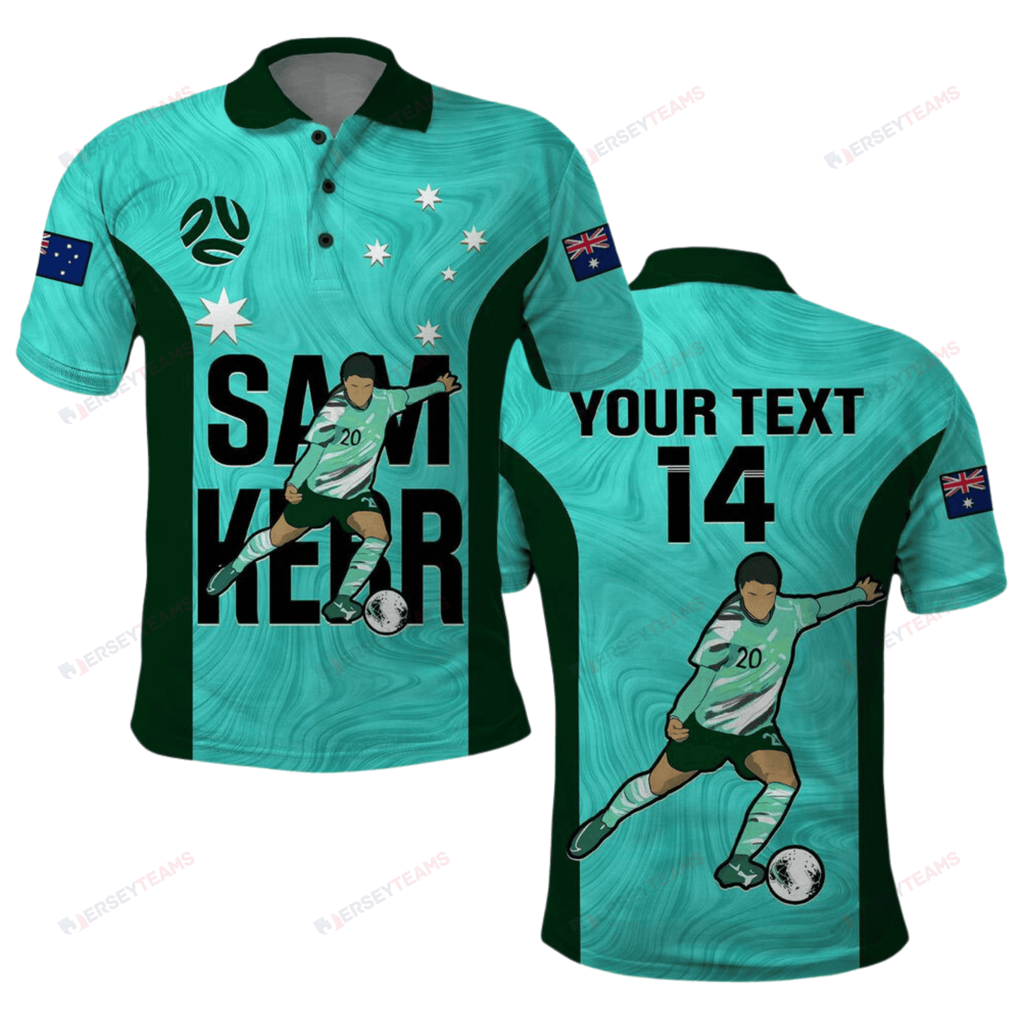 Sam Kerr 20 Australia Matildas Soccer 2023 Custom Text Number Printed Polo Shirt - Turquoise