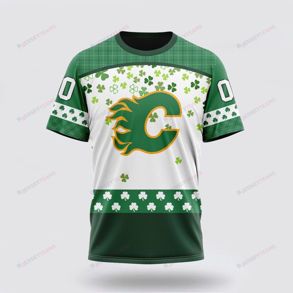 Calgary Flames Special Design For St Patrick Day Custom AOP T-Shirt - White