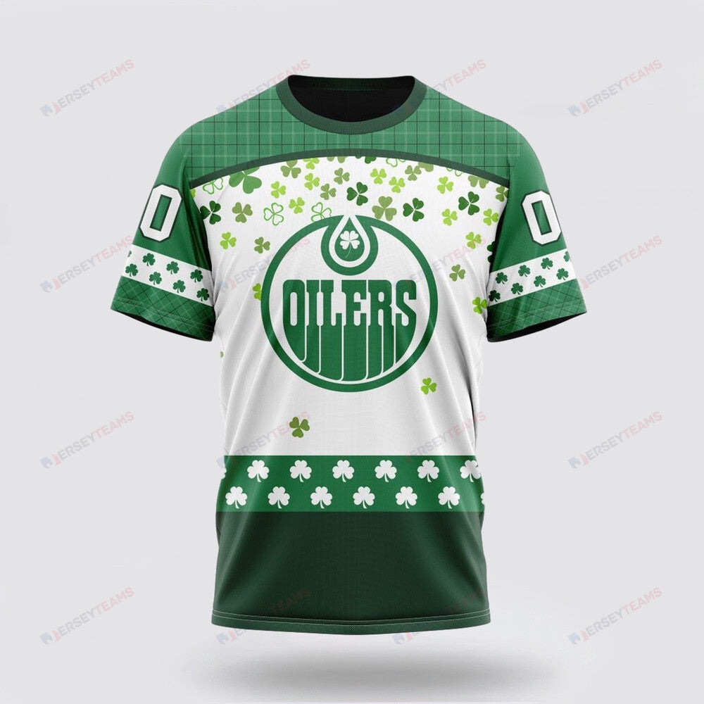 Edmonton Oilers Special Design For St Patrick Day Custom AOP T-Shirt - White