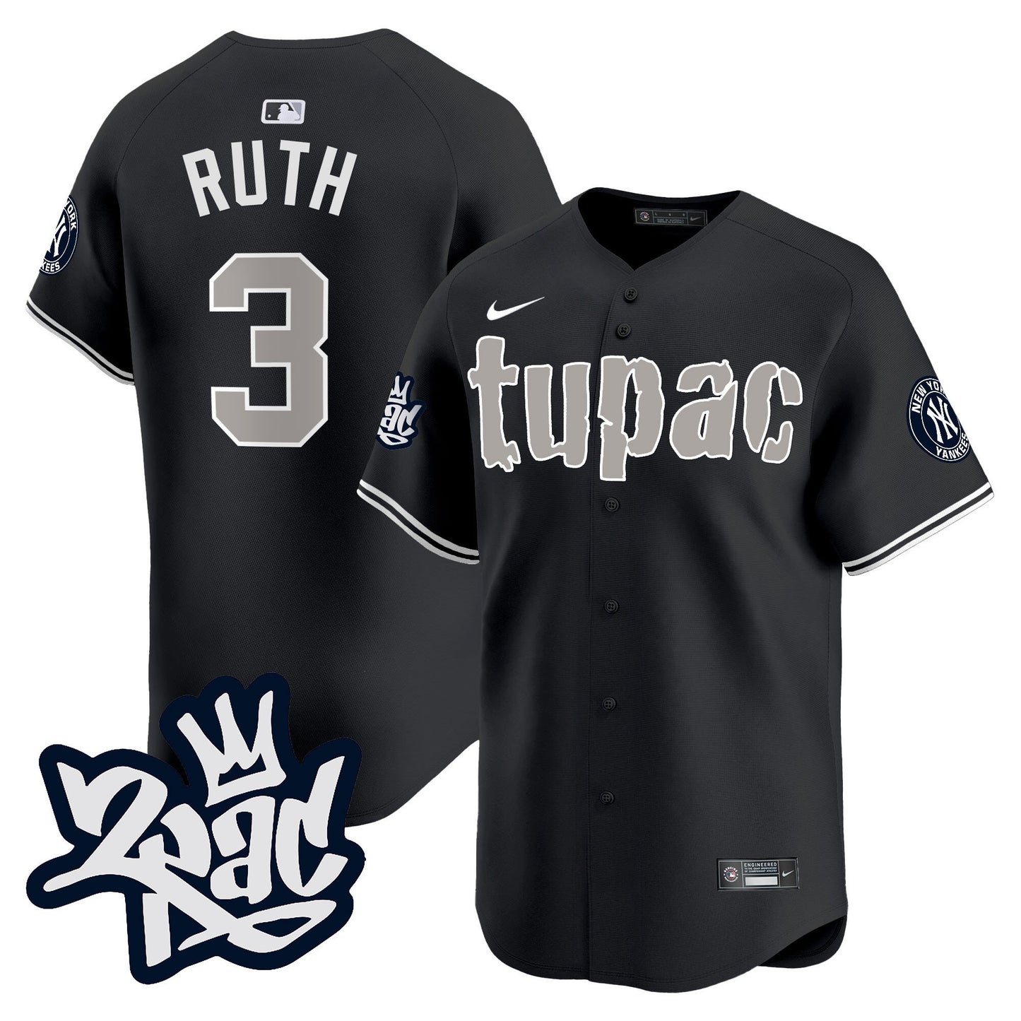 Babe Ruth 3 New York Yankees Tupac Shakur Men Jersey - Black