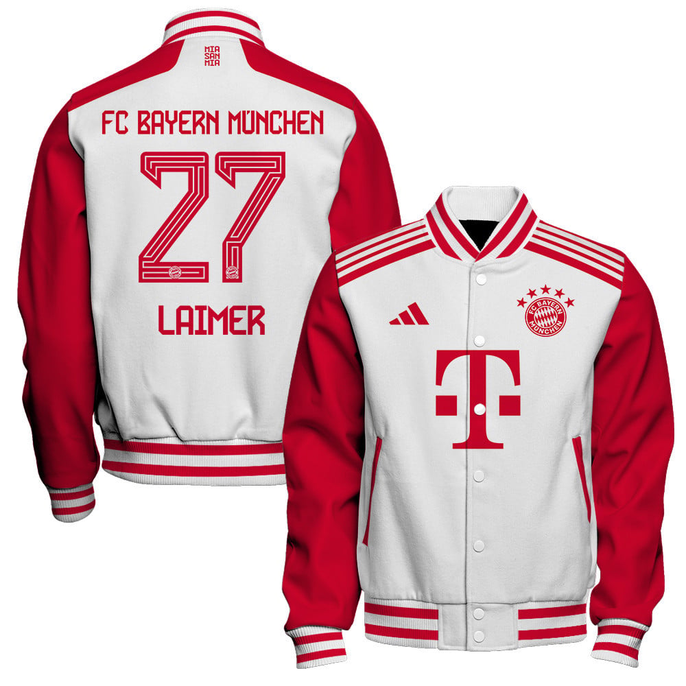 Konrad Laimer 27 Bayern Munich 2023/24 Home Baseball Jacket - White - All-Over-Printed Jacket