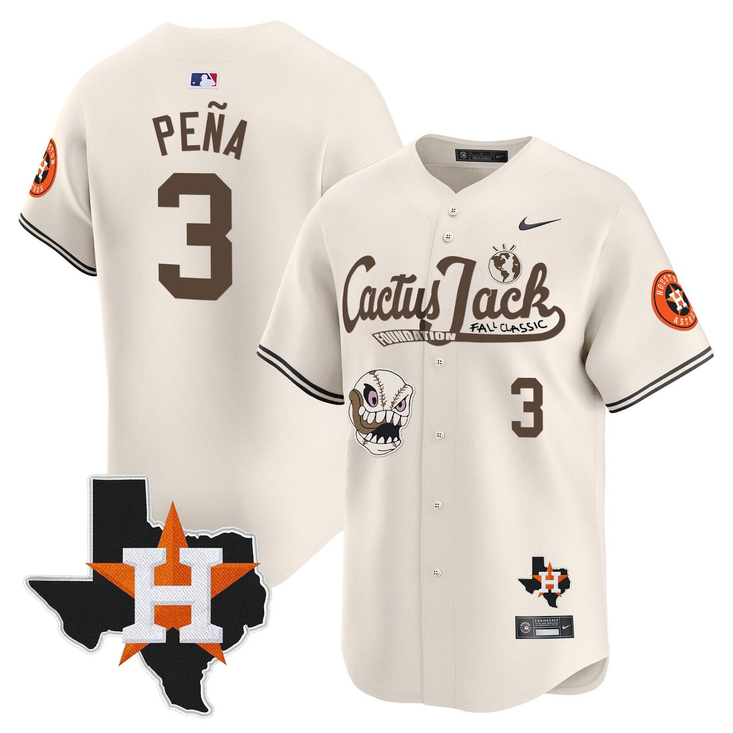 Jeremy Pena 3 Houston Astros Cactus Jack Foundation Fall Classic Limited Jersey - Men, Cream