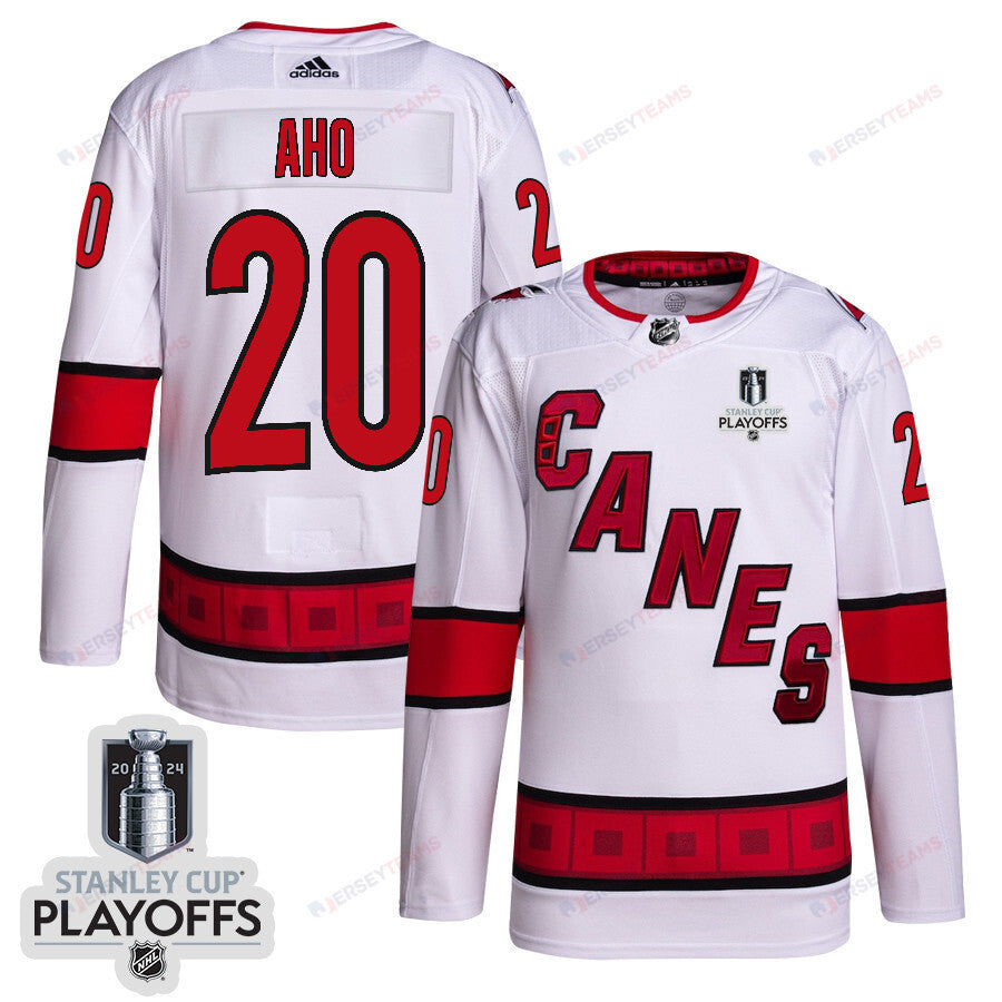 Sebastian Aho 20 Carolina Hurricanes 2024 NHL Playoffs Patch Away Jersey - Men, White