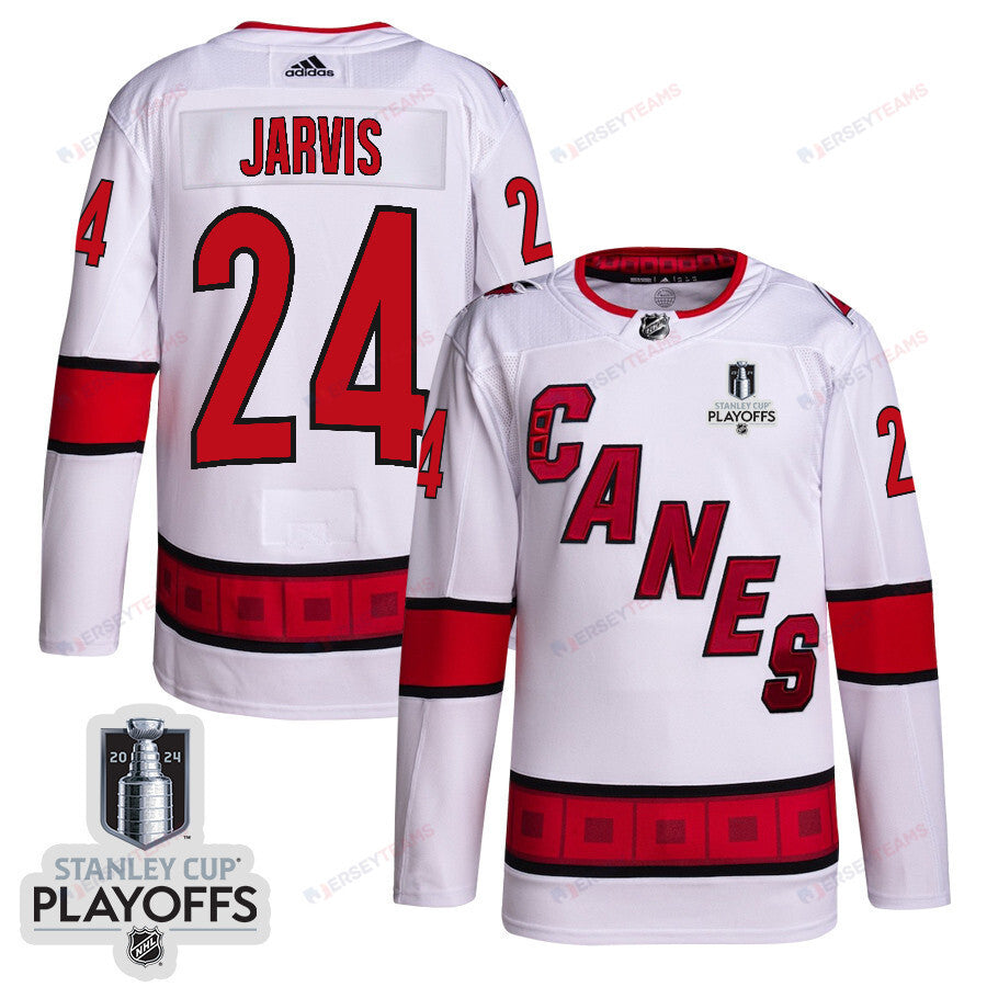 Seth Jarvis 24 Carolina Hurricanes 2024 NHL Playoffs Patch Away Jersey - Men, White