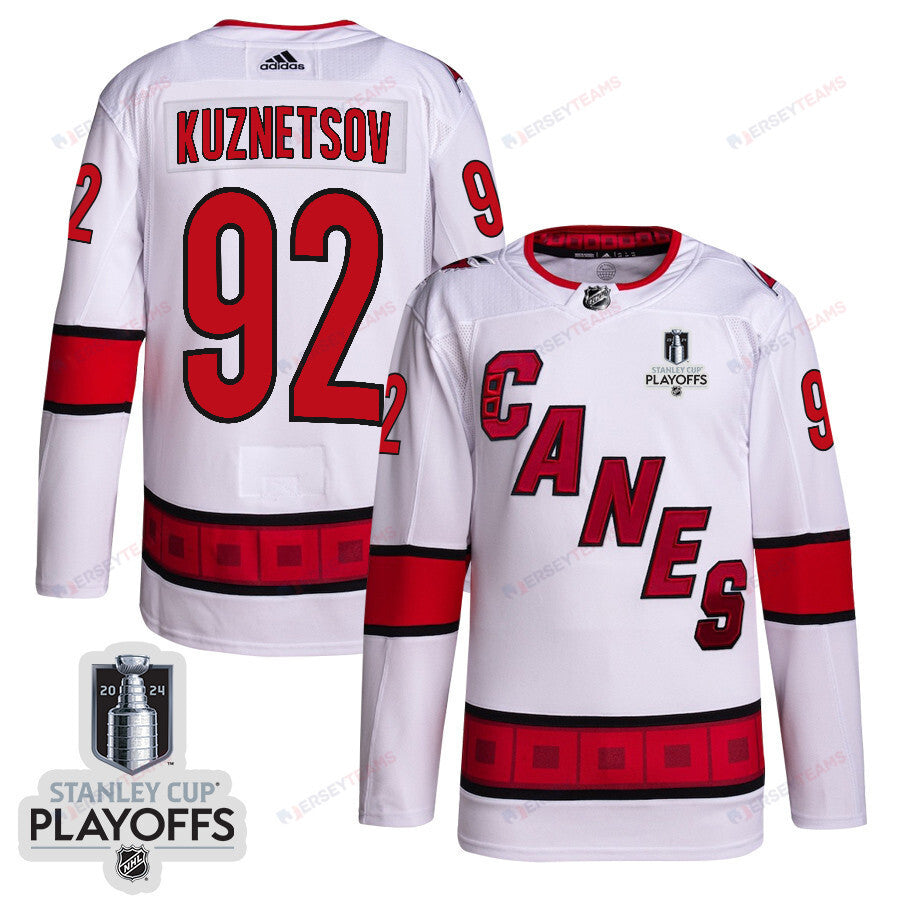 Evgeny Kuznetsov 92 Carolina Hurricanes 2024 NHL Playoffs Patch Away Jersey - Men, White