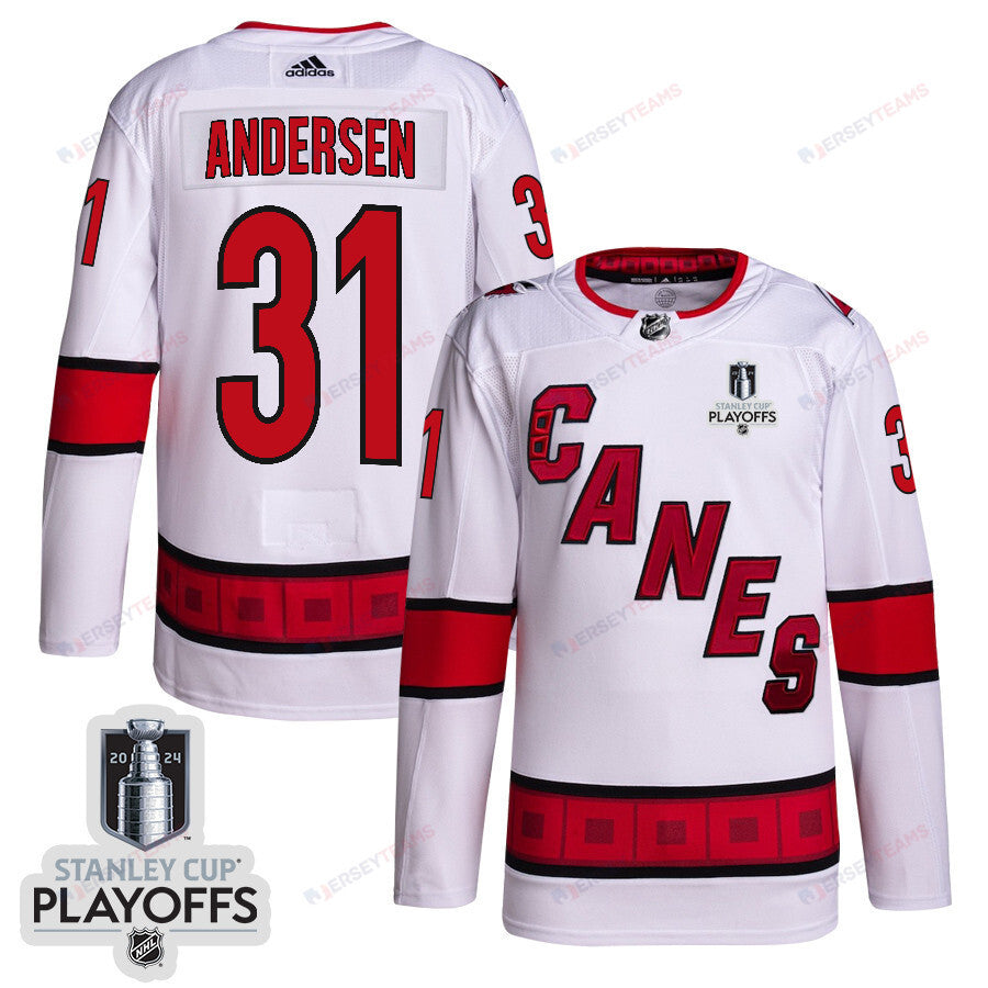 Frederik Andersen 31 Carolina Hurricanes 2024 NHL Playoffs Patch Away Jersey - Men, White