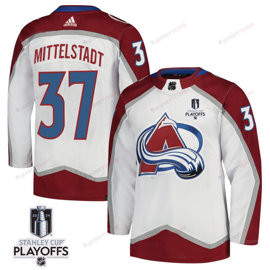 Casey Mittelstadt 37 Colorado Avalanche 2024 NHL Playoffs Patch Away Jersey - Men, White