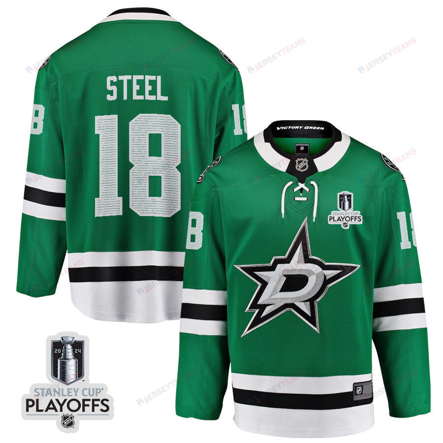 Sam Steel 18 Dallas Stars 2024 NHL Playoffs Patch Home Jersey - Men, Green