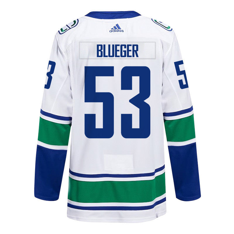 Teddy Blueger 53 Vancouver Canucks 2024 NHL Playoffs Patch Away Jersey - Men, White