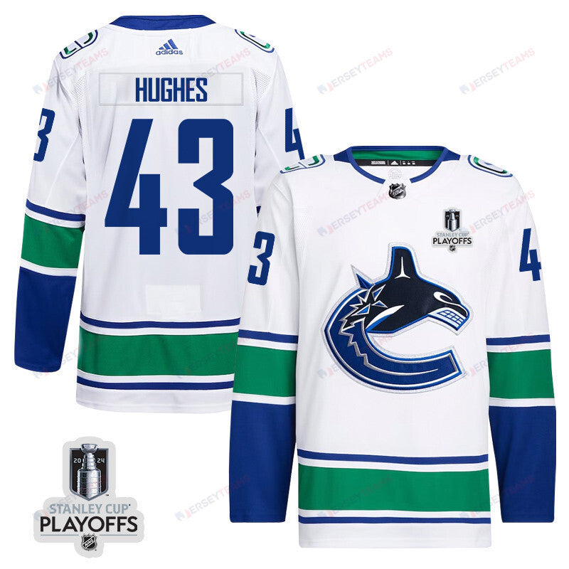 Quinn Hughes 43 Vancouver Canucks 2024 NHL Playoffs Patch Away Jersey - Men, White