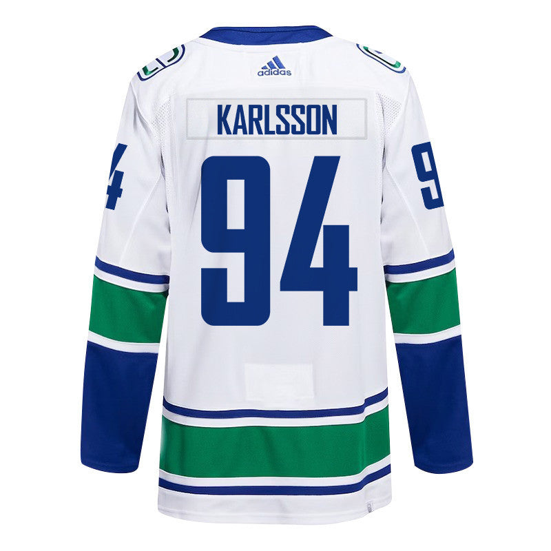 Linus Karlsson 94 Vancouver Canucks 2024 NHL Playoffs Patch Away Jersey - Men, White