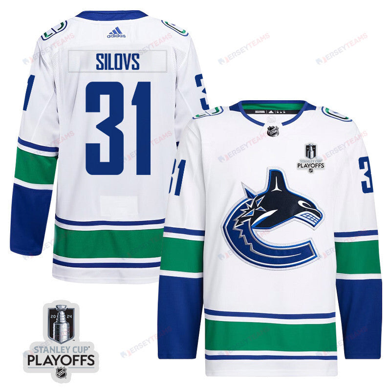 Arturs Silovs 31 Vancouver Canucks 2024 NHL Playoffs Patch Away Jersey - Men, White