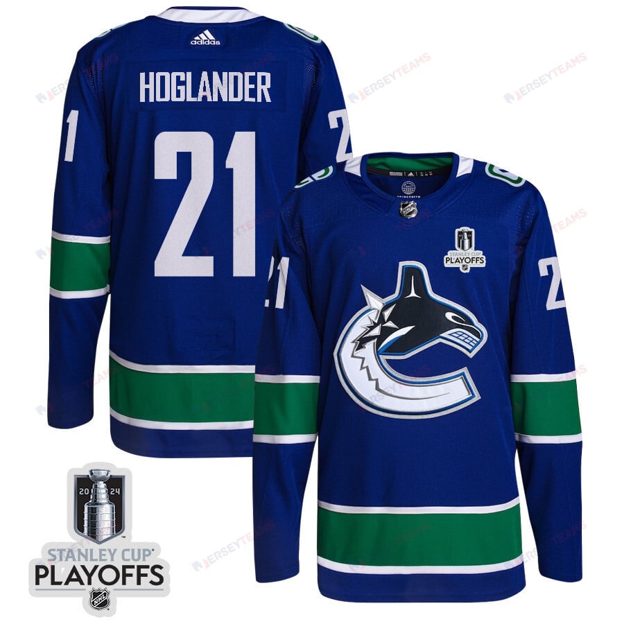 Nils Hoglander 21 Vancouver Canucks 2024 NHL Playoffs Patch Home Jersey - Men, Blue