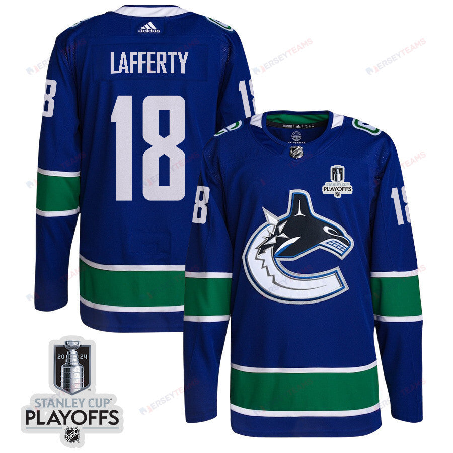Sam Lafferty 18 Vancouver Canucks 2024 NHL Playoffs Patch Home Jersey - Men, Blue