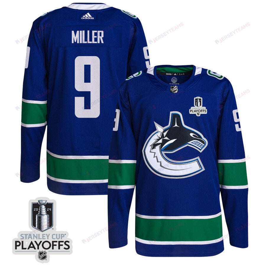 J.T. Miller 9 Vancouver Canucks 2024 NHL Playoffs Patch Home Jersey - Men, Blue