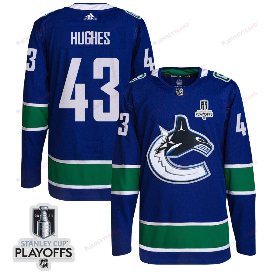 Quinn Hughes 43 Vancouver Canucks 2024 NHL Playoffs Patch Home Jersey - Men, Blue