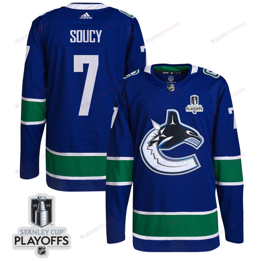 Carson Soucy 7 Vancouver Canucks 2024 NHL Playoffs Patch Home Jersey - Men, Blue