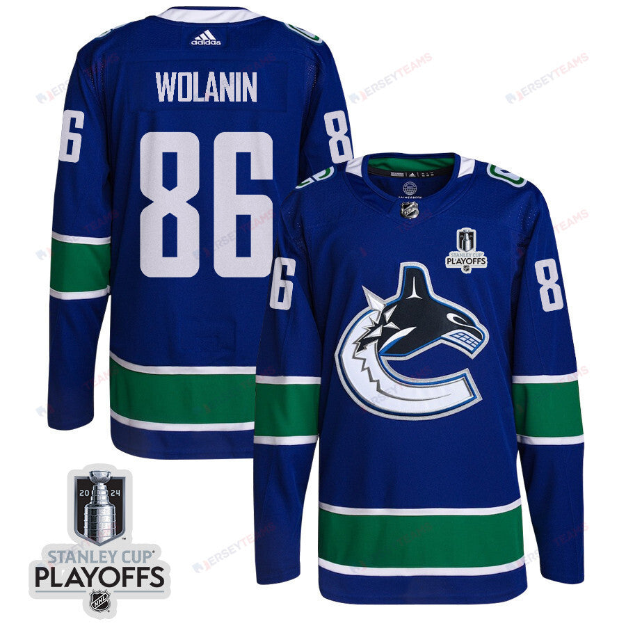 Christian Wolanin 86 Vancouver Canucks 2024 NHL Playoffs Patch Home Jersey - Men, Blue