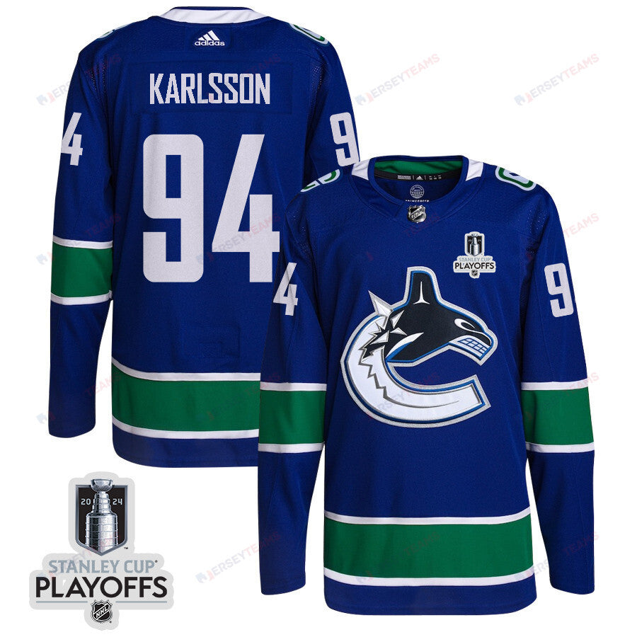 Linus Karlsson 94 Vancouver Canucks 2024 NHL Playoffs Patch Home Jersey - Men, Blue