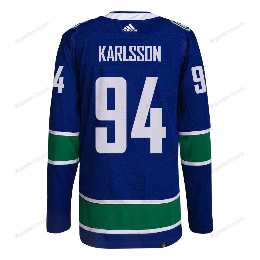 Linus Karlsson 94 Vancouver Canucks 2024 NHL Playoffs Patch Home Jersey - Men, Blue