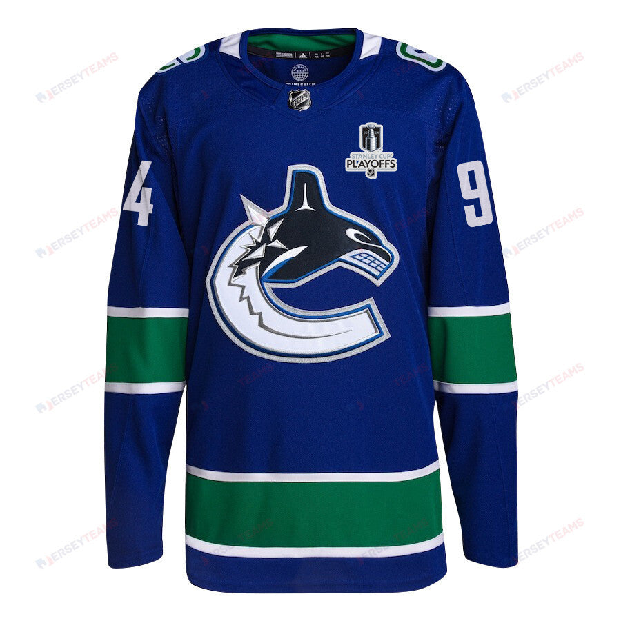 Linus Karlsson 94 Vancouver Canucks 2024 NHL Playoffs Patch Home Jersey - Men, Blue