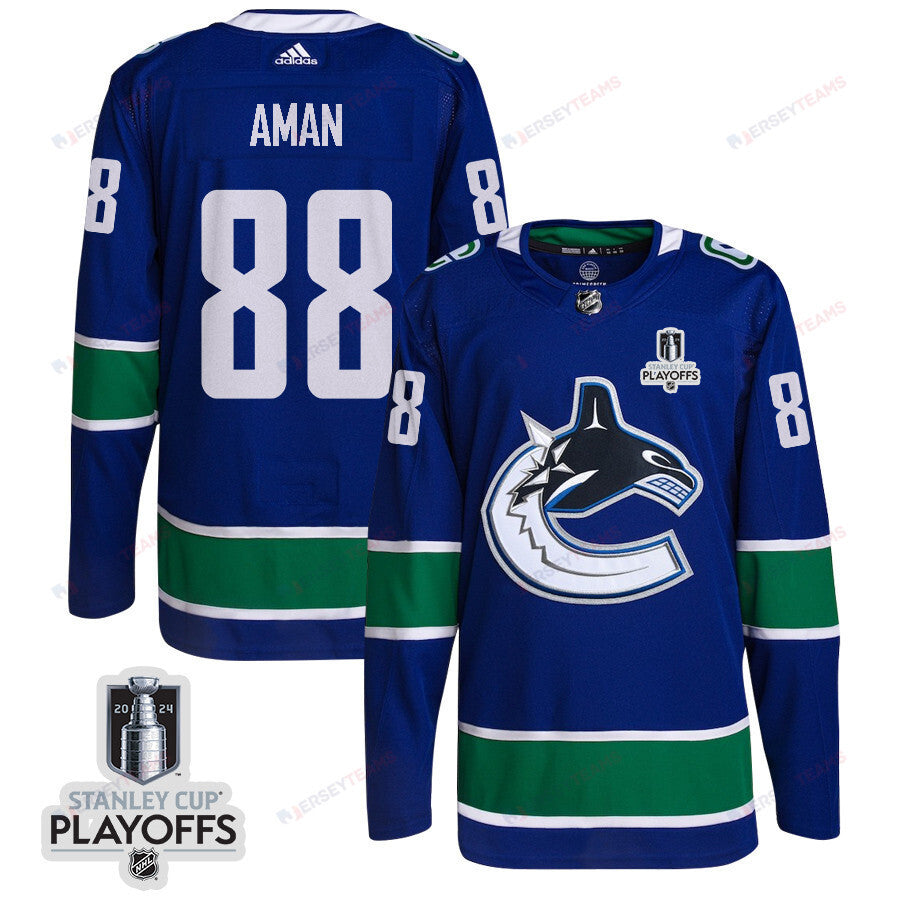 Nils Aman 88 Vancouver Canucks 2024 NHL Playoffs Patch Home Jersey - Men, Blue
